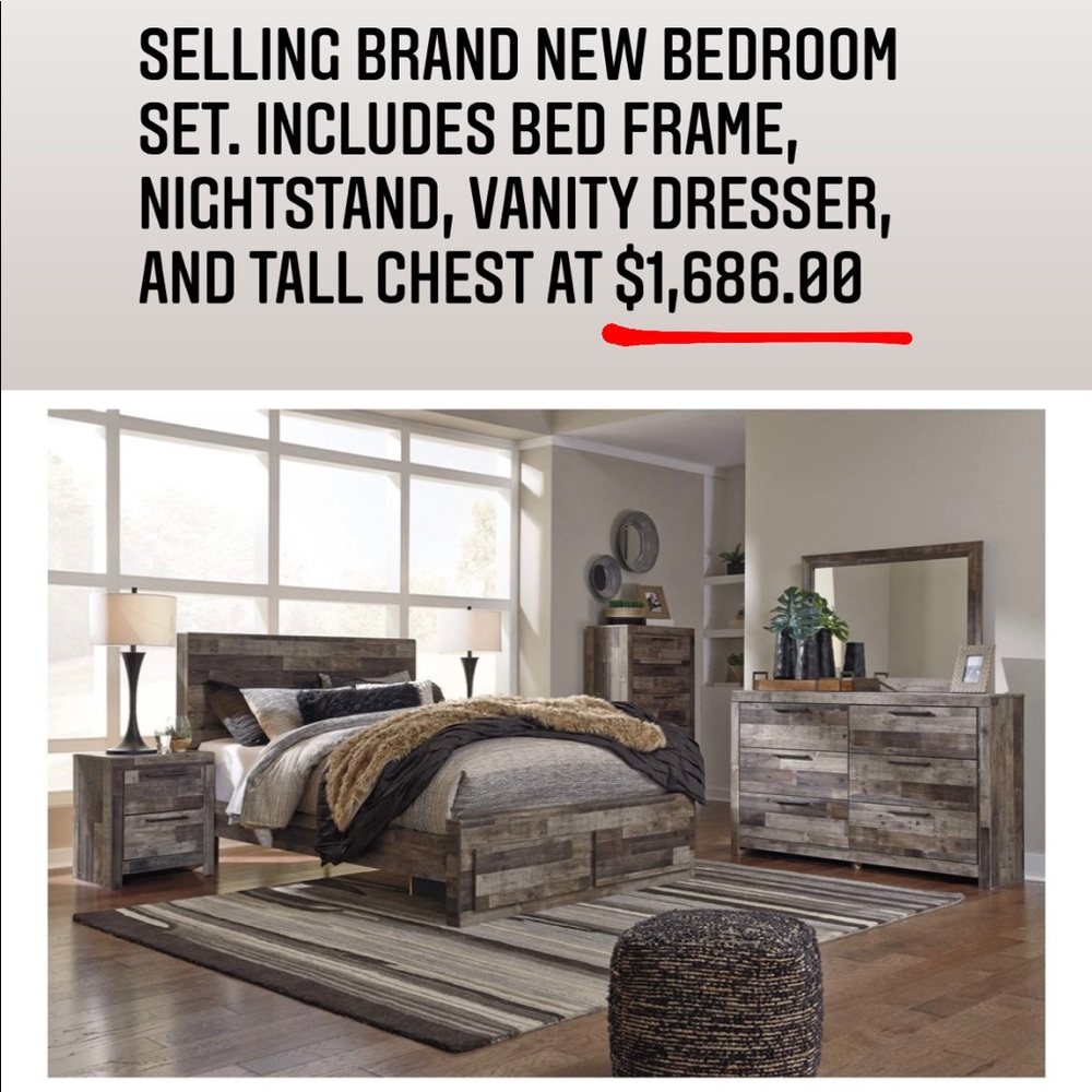 Bedroom set: BED FRAME, NIGHT STAND, VANITY DRESSER, TALL CHEST ALL INCLUDED
